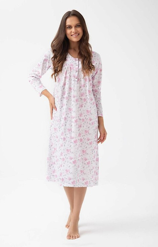 338 Nočná košeľa Luna ružová - bavlnená s kvetinovým vzorom, dlhá s gombíkmi