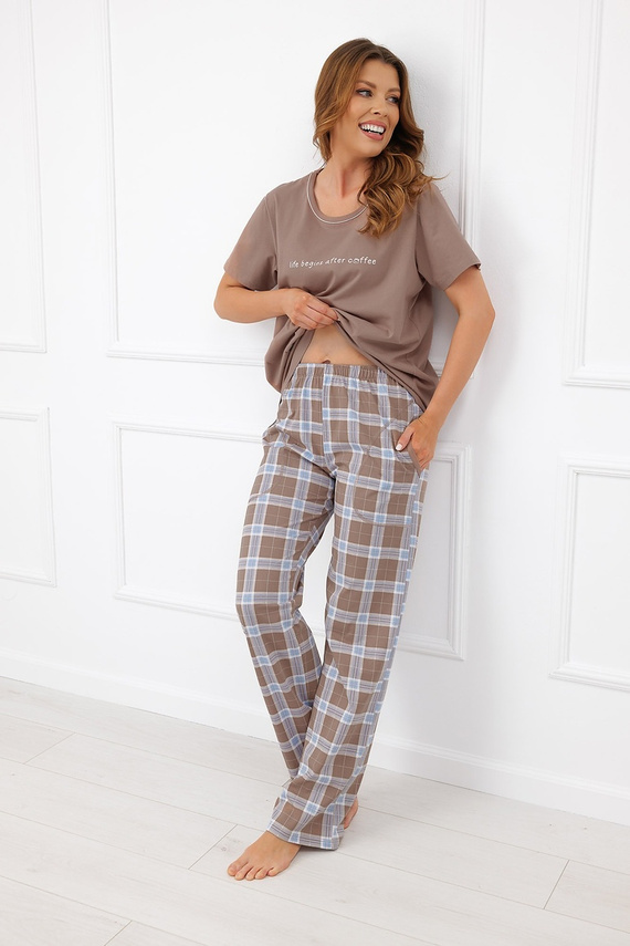 Dámska pyžama Italian Fashion Delma 100% bavlna kocka dlhé nohavice - cappuccino
