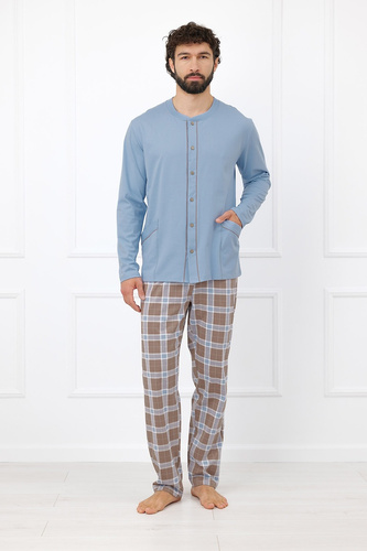 Italian Fashion Wilhelm pánska pyžama 100 % bavlna, gombíky, károvaná - cappuccino