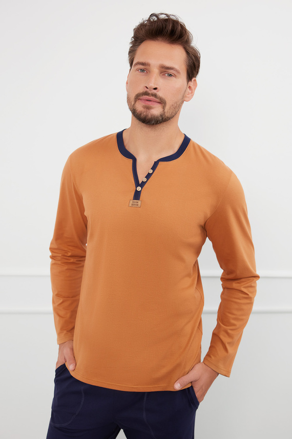 Julius Pánske pyžamo s dlhým rukávom, dlhé nohavice Talianska móda - koňaková/zelená