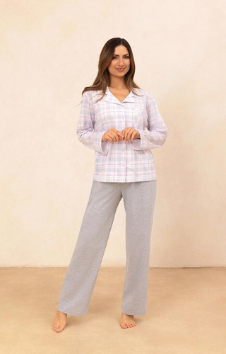 727 Dámske pyžamo Regina sivá - 100% bavlna, kockovaná košeľa na gombíky