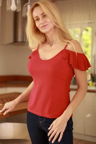 Vera Dámska blúzka Mirale - otvorené ramená, volánik, viskóza - červená