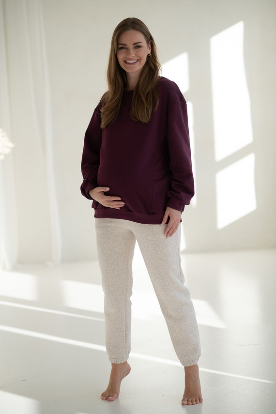 Milk It Easy! Bluza ciążowa i do karmienia Mauve Wine Milk&Love – oversize, kryte zamki, bawełniana dzianina Oeko-Tex