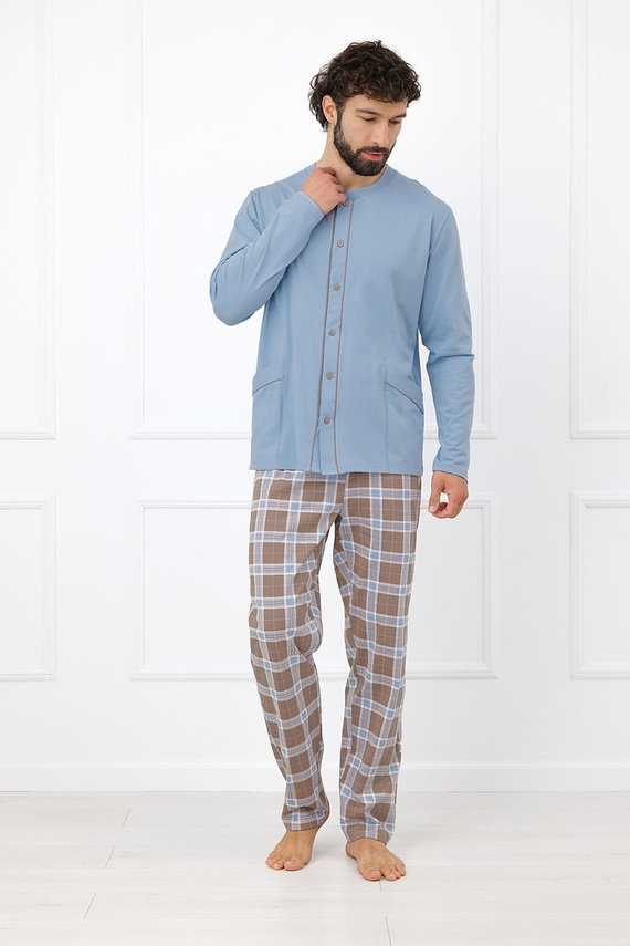 Italian Fashion Wilhelm pánska pyžama 100 % bavlna, gombíky, károvaná - cappuccino