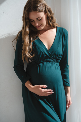 Hviezdna ľahká tehotenská a dojčiaca bambusová nočná košeľa 7/8 Milk&Love fľaša zelená - priedušná, pre nemocnice, pohodlné dojčenie