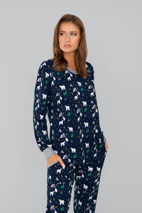 Ava Dámske pyžamo s dlhými rukávmi a nohavicami Italian Fashion - tmavomodrá potlač