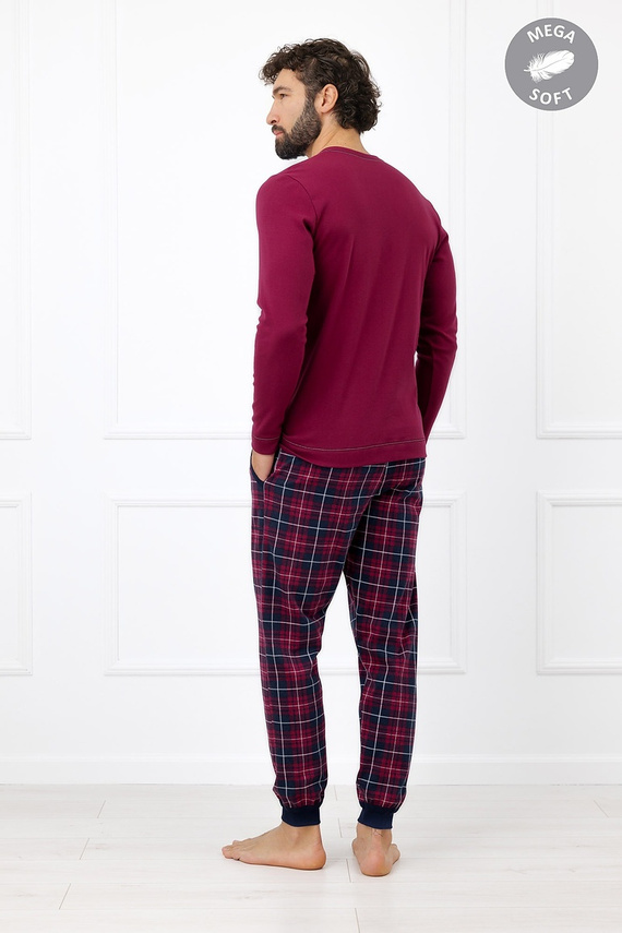 Italian Fashion Brajan pánske pyžamo Mega Soft dlhé nohavice kockované - bordové