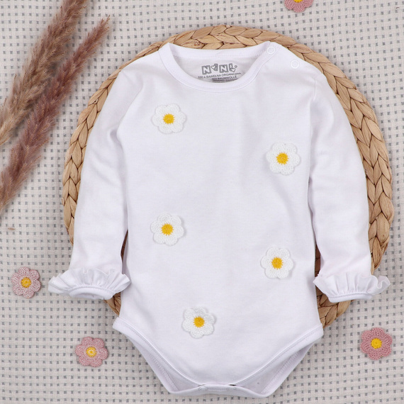 NINI LITTLE FLOWERS biele detské body z organickej bavlny s výšivkou ABN-5761/BIA