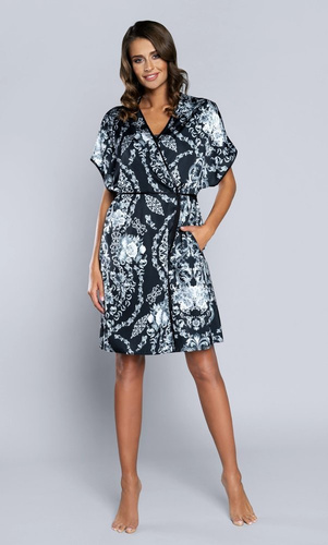 Strieborný dámsky župan s krátkymi rukávmi Saténová talianska móda - tmavomodrá