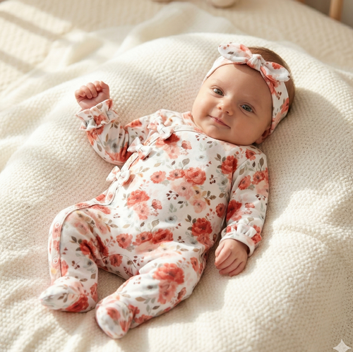 ABK-0054 Detský komplet NINI Roses z organickej bavlny, overal s čelenkou