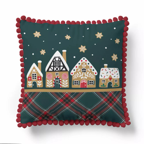 5379 Vianočná dekoratívna obliečka na vankúš Christmas Deco Detexpol perníková chalúpka a hviezdy - zips