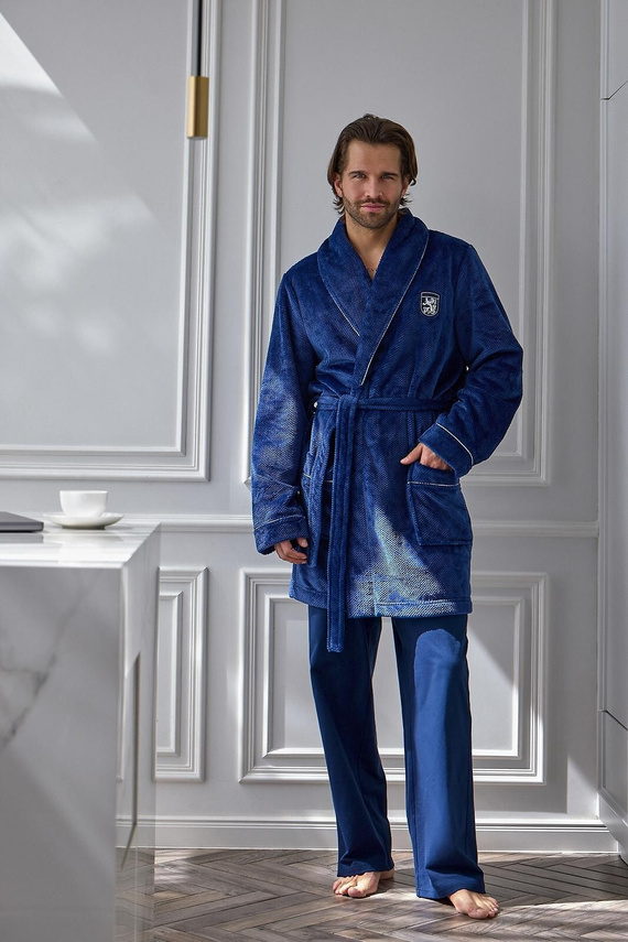 L&L Elegant 2664 Pánsky krátky župan waflový mäkký s golierom navy