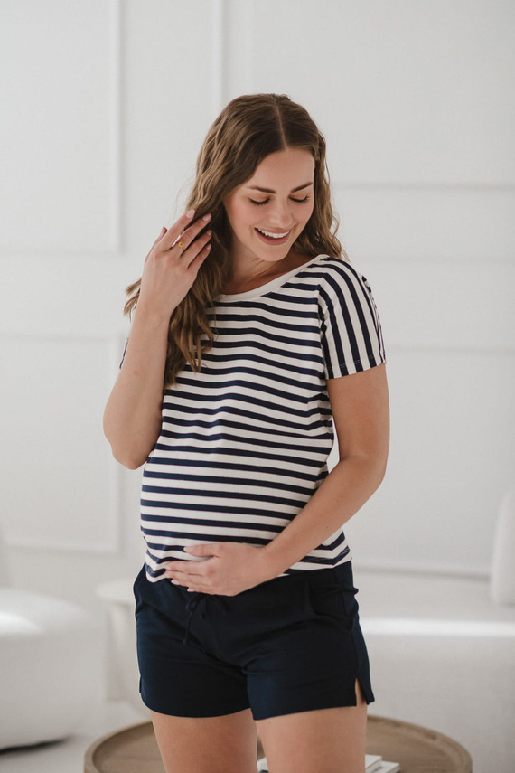 Blúzka na dva spôsoby tehotenstva a dojčenia | Krátky rukáv, pohodlné tmavo modré a biele pruhy Milk&Love