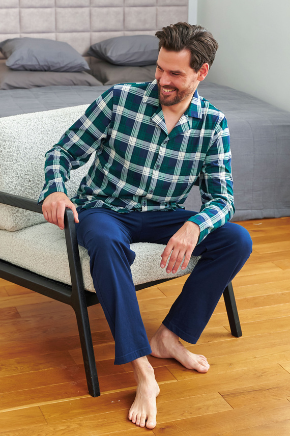 Doctor Nap 7367 - Pánske bavlnené pyžamo s kockovanou košeľou | 100% bavlna, poľská výroba - smaragdová