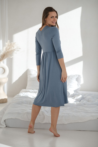 Hviezdna ľahká tehotenská a dojčiaca bambusová nočná košeľa 7/8 Milk&Love modrá - priedušná, pre nemocnice, pohodlné dojčenie