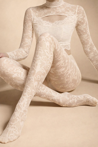 Dámske pančuchové nohavice Knittex Chantilly 30 den – kvetinový čipkový vzor ecru