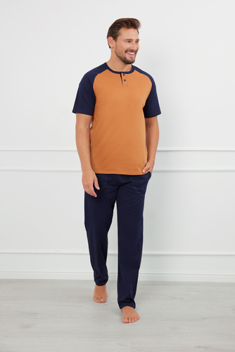 Alexander Pánske pyžamo s krátkym rukávom, dlhé nohavice Talianska móda - koňaková/granátová