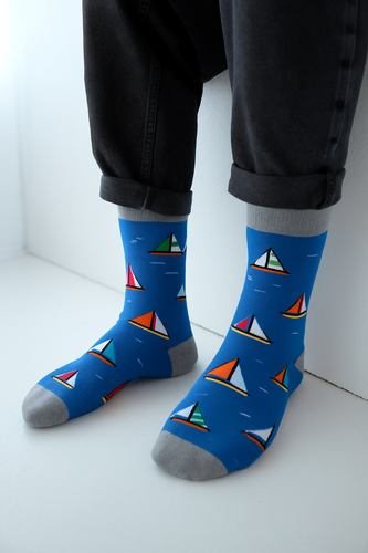 Milena Avangard 0125-117 - Pánske bavlnené ponožky 'Sailboats' | Poľská výroba - denim