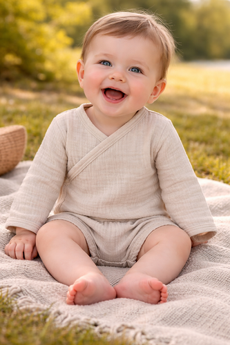 Mušelínové body Just Muslin 03235BE Makoma béžová - dlhý rukáv, obálkové zapínanie, 100% bavlna