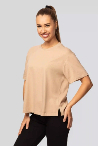 Dámske bavlnené tričko Urban beige - krátky rukáv, klasický strih, módne s rozparky | Kvalitný materiál, elastický