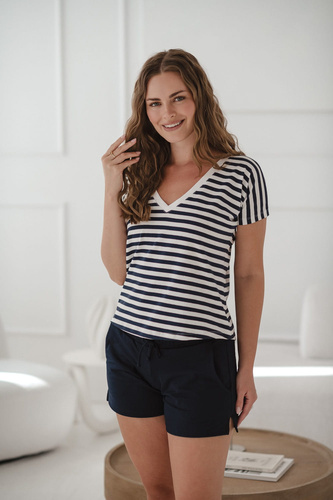 Blúzka na dva spôsoby tehotenstva a dojčenia | Krátky rukáv, pohodlné tmavo modré a biele pruhy Milk&Love