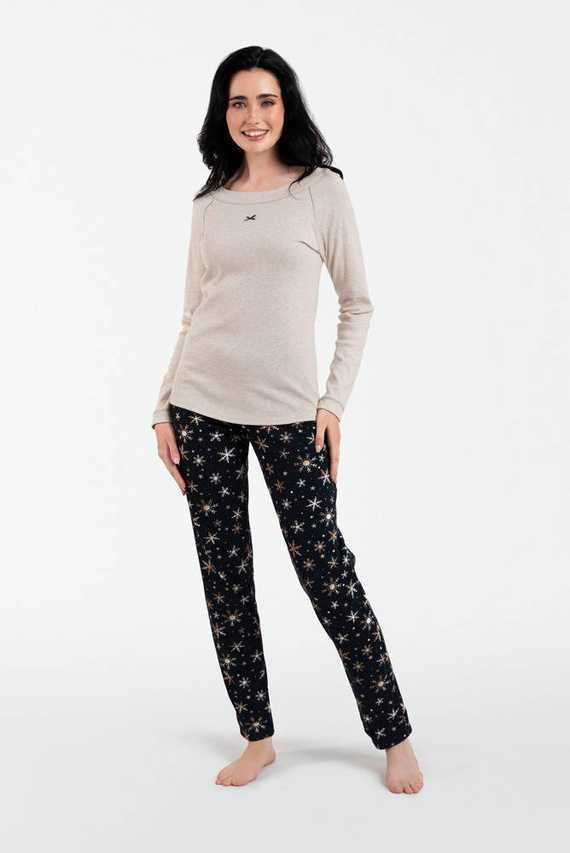 Denali Dámske pyžamo s dlhým rukávom a dlhými nohavicami Italian Fashion - béžová melanž/potlač