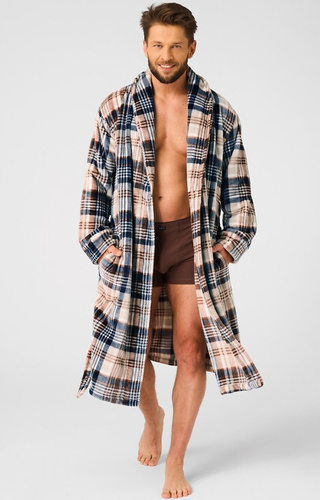 MGL 443 Pánsky župan Key beige - kockovaný, mäkký, šálový golier