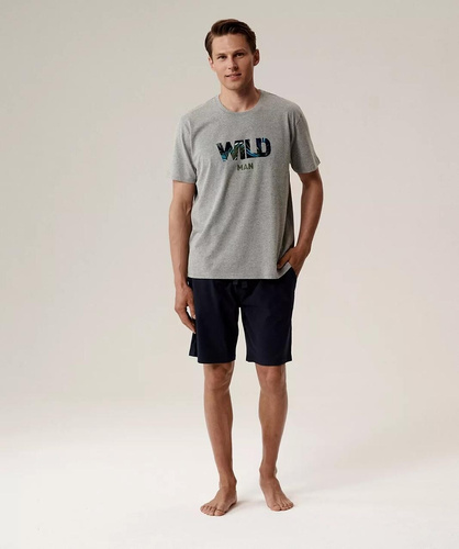 Pánske pyžamo NMP-396 - sivomodré a bavlnené, s krátkym rukávom, ľahké a pohodlné na leto