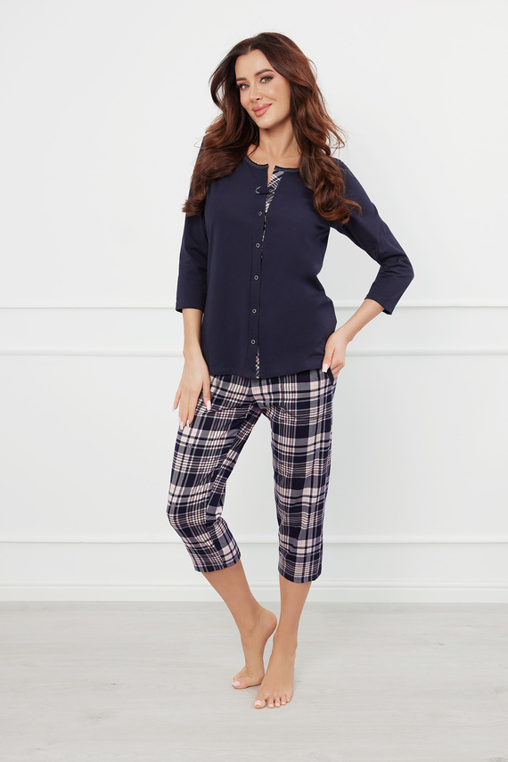 Dona Dámske pyžamo 3/4 rukávy, 3/4 nohavice Talianska móda - tmavomodrá/potlač