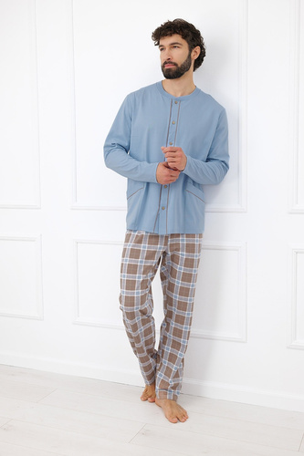 Italian Fashion Wilhelm pánska pyžama 100 % bavlna, gombíky, károvaná - cappuccino