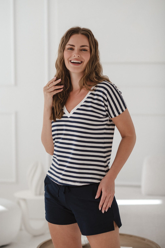 Blúzka na dva spôsoby tehotenstva a dojčenia | Krátky rukáv, pohodlné tmavo modré a biele pruhy Milk&Love