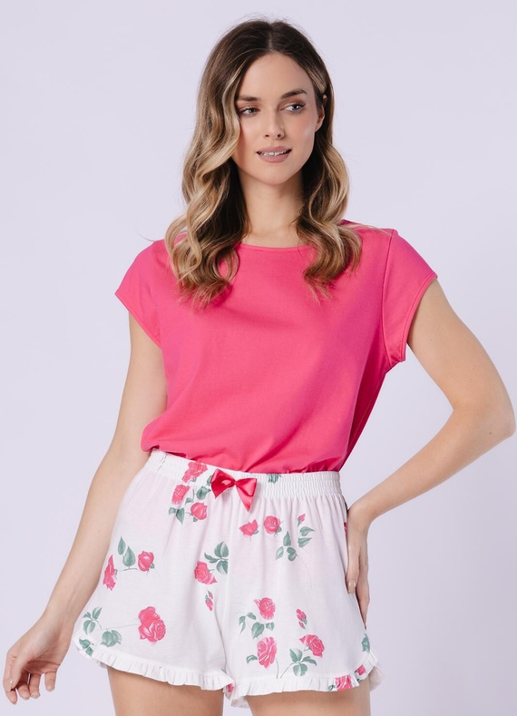 Dámske pyžamo 1724 Valencia Leveza rubínové - vysokokvalitné bavlnené pyžamo s krátkymi rukávmi, vzorovanými šortkami, saténovou mašľou a ozdobným volánom