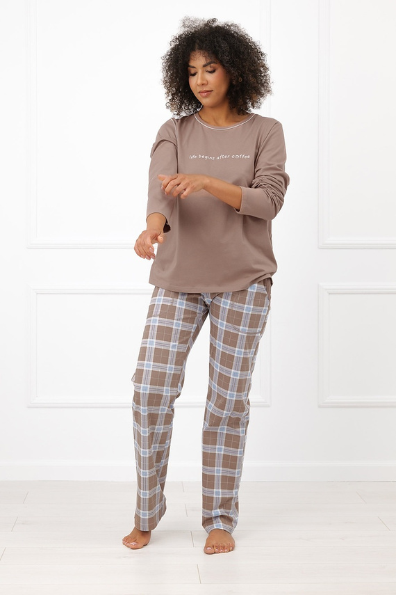 Dámska pyžama Italian Fashion Delma 100 % bavlna, dlhé nohavice, káro cappuccino