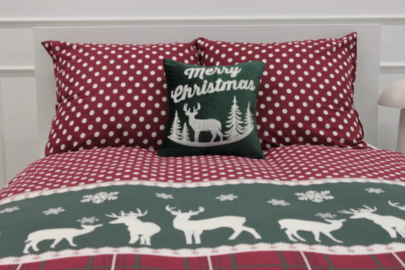 Xmass Vianočné bavlnené posteľné prádlo Spod Igły i Nitki - soby károvaná červená hrášková zelená, sada so zipsom, 100% bavlna