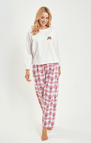 3441 Astrid dámske bavlnené pyžamo Taro béžová - dlhý rukáv, kockované flanelové nohavice