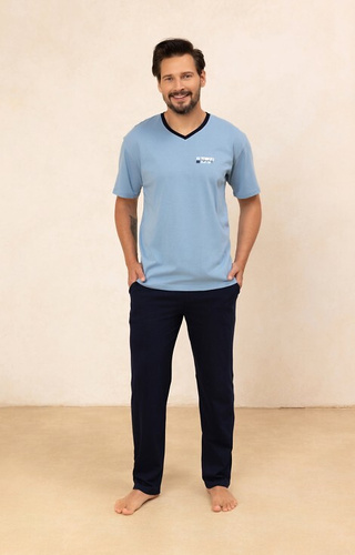 498 Pánske bavlnené pyžamo Regina blue - tričko s výstrihom do V + dlhé nohavice