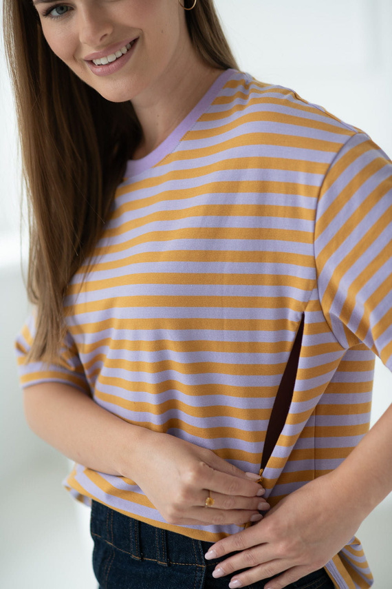 Mamahood Tričko pre tehotenstvo a dojčenie Milk&Love medové a lila pruhy - pohodlné a štýlové