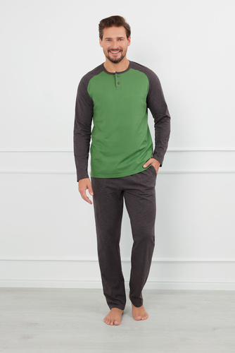 Alexander Pánske pyžamo s dlhým rukávom, dlhé nohavice Talianska móda - zelená/c.melange