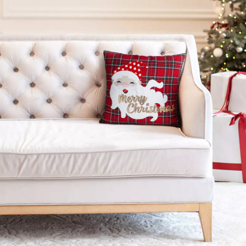 Chp 165 Eurofirany Vianočná obliečka na vankúš - červená károvaná so Santa Clausom a nápisom