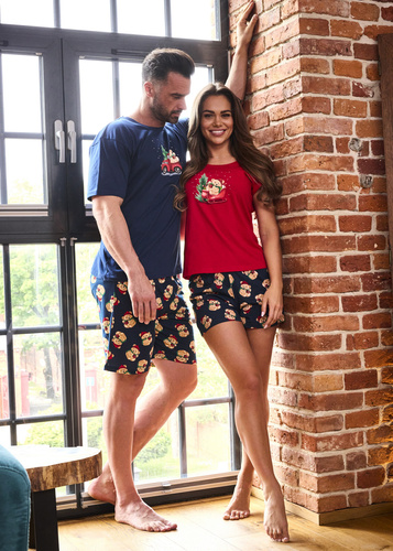 326/291 Teddy 4 Cornette pánske pyžamo - vianočné, tmavomodré, bavlnené, krátky rukáv