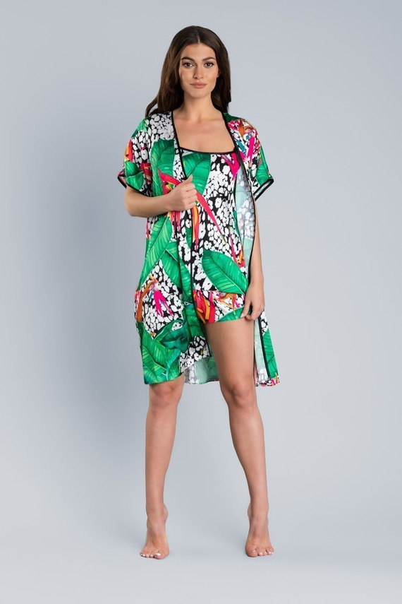 DORITA Dámsky saténový župan Italian Fashion - potlač/zelená