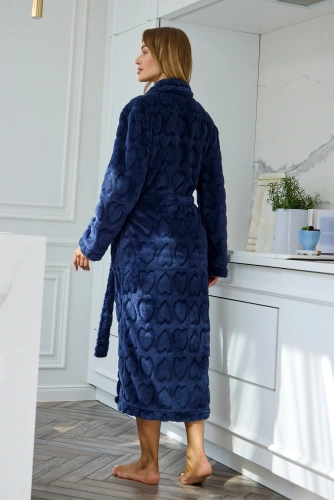 Dámsky župan L&L Nella 2645 dlhý, mäkký, so šálovým golierom a vreckami - navy