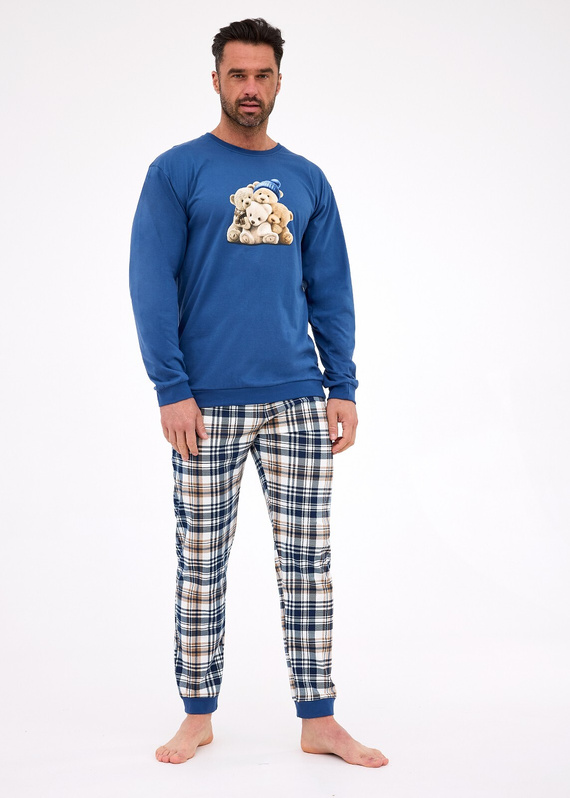 115/292 Cornette Bears pánske pyžamo | Bavlna, potlač medvedíkov, džínsová farba, rebrované manžety