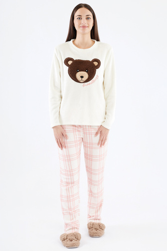 Madlen Dámske pyžamo Sorbetto ecru - fleece, s výšivkou medvedíka a károvanými nohavicami