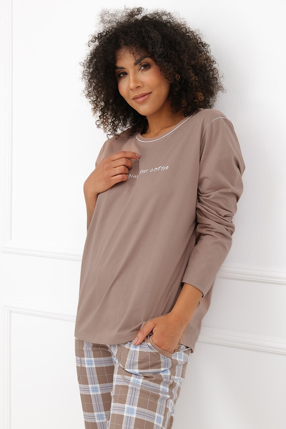 Dámska pyžama Italian Fashion Delma 100 % bavlna, dlhé nohavice, káro cappuccino