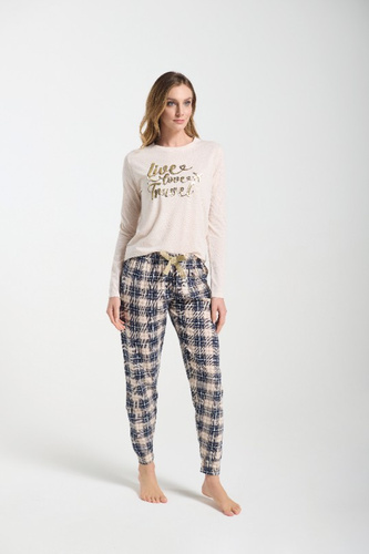 Bessy Dámske pyžamo Sorbetto beige - džersej, zlatá potlač, károvaná nohavica