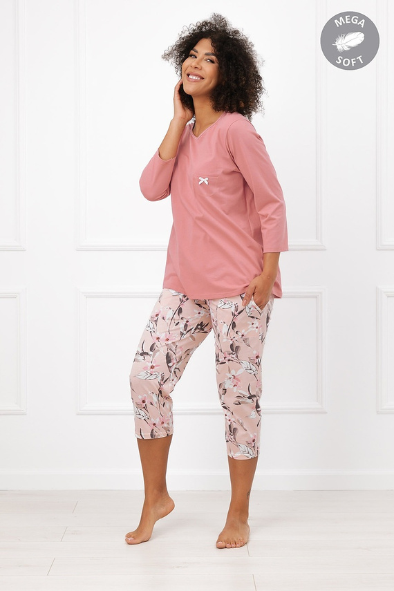 Italian Fashion Kafelia dámska pyžama Mega Soft 3/4 s kvetmi a vreckom