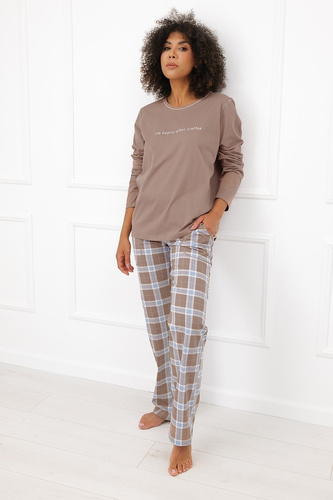 Dámska pyžama Italian Fashion Delma 100 % bavlna, dlhé nohavice, káro cappuccino
