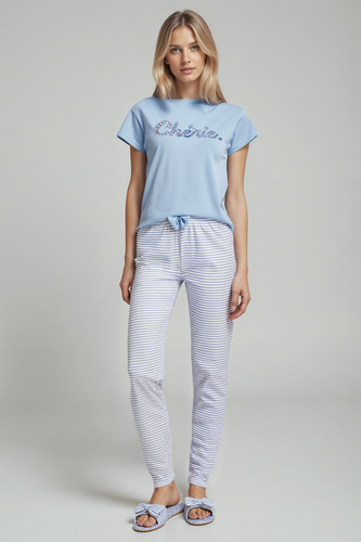 Juliana Sorbetto modrá - dámske pyžamo 100% bavlna, s výšivkou a dlhými pruhovanými nohavicami