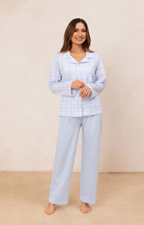 727 Dámske pyžamo Regina modré - 100% bavlna, károvaná košeľa na gombíky